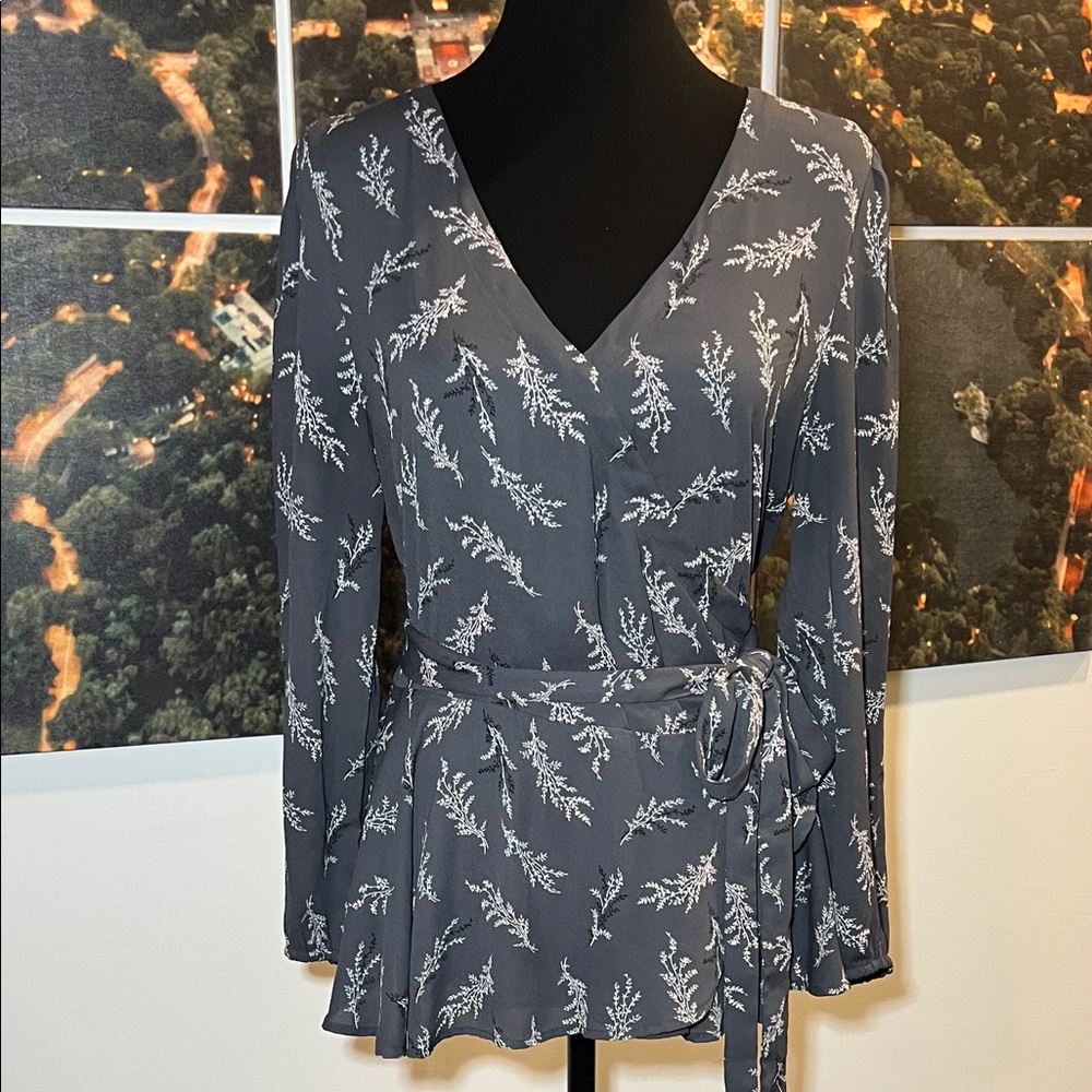 LOFT Charcoal Floral Wrap Blouse